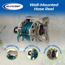 Suncast Hose Handler Wall-Mounted Reel for Outdoor Garden Storage, Light Taupe - Holds 175 ft of Standard 5/8" Vinyl Hoses, Resin Organizer with Slide Trak Guide and Accessory Tray.