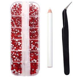 Nail Art Rhinestones, 1500PCS Rhinestones in 6 Sizes, Nail Art Gems with Pick Up Tweezers and Rhinestone Picker Dotting Pen, Tools for Nails, Craft 1.5 mm - 4.0 mm (Red)