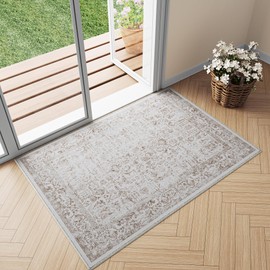PureCozy Light Brown Entryway Area Rug 2x3 Door Mat Machine Washable Kitchen Vintage Distressed Non Slip Carpet Indoor Retro Floral Accent Throw Small Rug for Bathroom Office Bedroom Dining Room