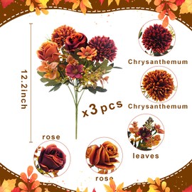 Mutcolor Artificial Fall Flowers Fake Mums Fall Floral Arrangement Silk Chrysanthemums Bouquet for Home Table Indoor Kitchen Wedding Centerpieces Party Autumn Decoration, 3 Pcs