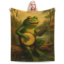Qycazzw Banjo Frog Playing Music Blanket Gifts for Women Kids, Funny Swamp Animal Theme Flannel Blankets, Warm Cozy Soft Throw for Bedroom, Camping, Couch, Decor 50x60 in