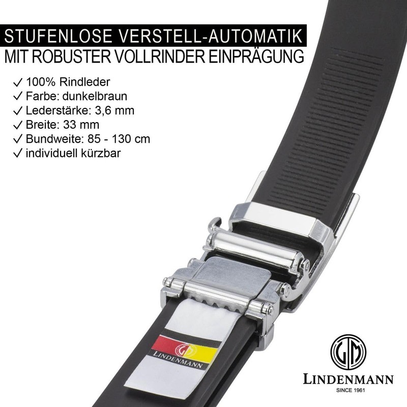 Mens Leather Belt / Mens Belt LINDENMANN, XL, AUTOMATIC, dark