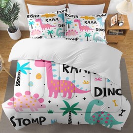 Culudea Cute Dino Summer Comforter Set Queen Size, Dinosaur Kids Pink Blue Soft Bedding Set with 2 Pillowcases for Girls Teens Kids Boys Adults Bedroom Bed Decor,1 Quilt 2 Pillow Cases