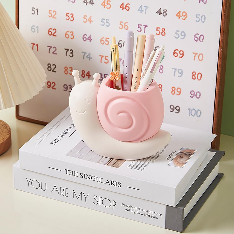 Qaoliffa Cute Pink Snail Makeup Brush Holder,Multi Functional Storage Box