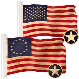 G128 Combo Pack: American USA Tea-Stained Flag 6x10 Ft & Betsy Ross Tea-Stained Flag 6x10 Ft | Both ToughWeave Pro Series Embroidered 420D Polyester, Embroidered Design, Indoor/Outdoor, Brass Grommets
