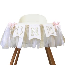 White and Gold 1st Birthday High Chair Banner - Boho Style High Chair Birthday Banner - High Chair Banner for Baby's First Birthday - Baby Shower High Chair Decoration - Handmade White Wall Hangings Decorative