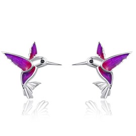 Dreamboat Purple Hummingbird Stud Earrings for Women 925 Sterling Silver Bird Animal Jewelry Gifts for Hummingbird Lovers, 0.39 Inches, Sterling Silver, No Gemstone