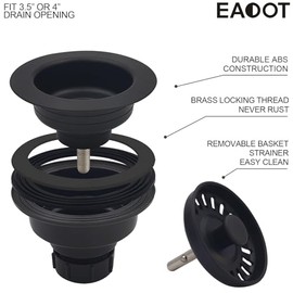 EADOT - Ensamblaje de drenaje de fregadero de polímero negro de 3-1/2 pulgadas con colador de cesta y tapón para fregaderos de cocina de cuarzo, granito o arcilla refractaria