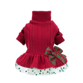 Fitwarm Dog Christmas Outfit, Knitted Dog Tulle Sweater Dress, Dog Winter Clothes for Small Dogs Girl, Cat Apparel, Red, Green, XS