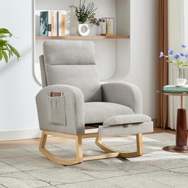 PeacefulHues Modern Nursery Rocking Chair, Teddy Upholstered Rocking Chair with Footrest, Comfortable Rocker Recliner with Side Pocket, Rocker Glider for Living Room, Bedroom, Nursing Room