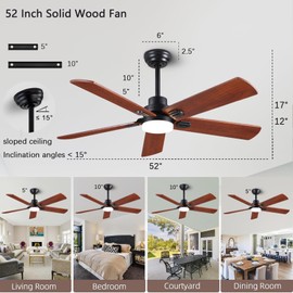 ducrew 52 Inch Wood Ceiling Fan with Light and Remote, Quiet Reversible DC Motor, 5 Blade Walnut, 6 Speed, Indoor/Outdoor Ceiling Fans for Patio, Dining Room,Living Room and Farmhouse