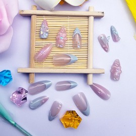 24 Pcs Handmade Press on Nails Short Almond Nail Tips,YEFIUO Blue French Fake Nails Press ons 3D Flowers Butterfly Nail Charms Design Glue on Nails Full Cover Reusable False Nails Art Kit for Ma'am