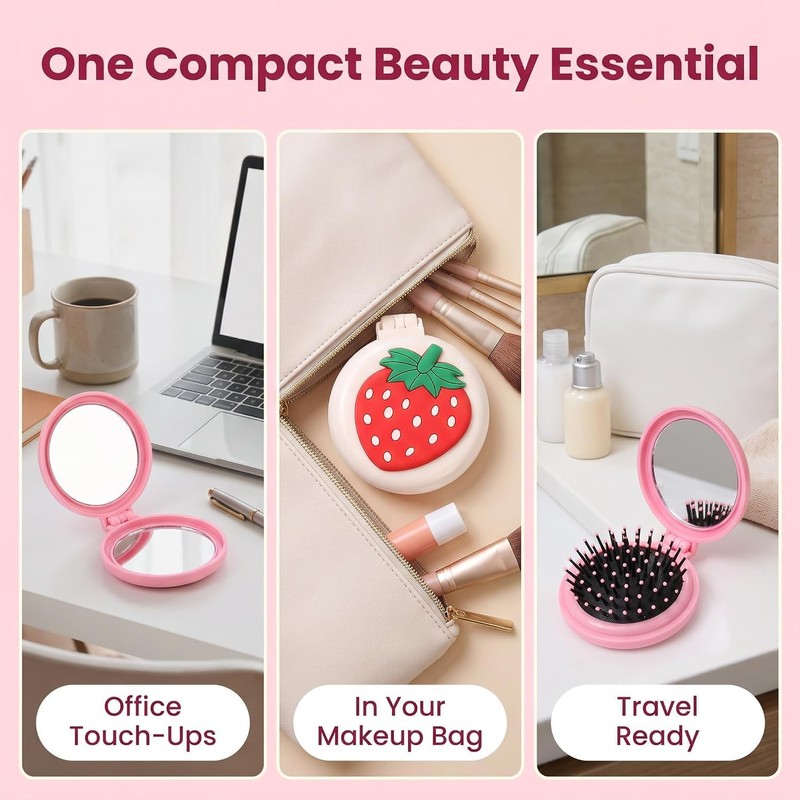 Strawberry Travel Hair Brush, Folding Round Massage Brush with Mini