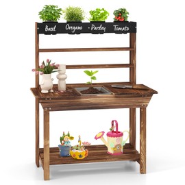 KOTEK Kids Potting Bench, Fir Wood Outdoor Mud Table with 4 Pots, Chalkboard, Removable Sink, Storage Shelves, Mud Kitchen for Kids Outdoor Garden, Gift for Boys Girls 3+