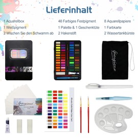 Exqline Watercolour Paint Set, 48 Colours Watercolour Set with 8 Watercolour Papers, 2 Water Tank Brushes, 2 Hook Pens, 2 Wiping Sponges, 1 White Pigment, 1 Mixing Palette, 1 Colour Chart