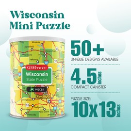 Geotoys Wisconsin Mini State Puzzle – 100 Piece Puzzles for Kids and Adults in Portable Can, 13" x 10" Educational Travel Puzzle for Ages 7 and Up – Mini Puzzles to Learn & Explore Geography