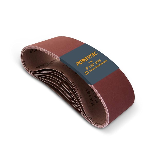 POWERTEC 3 x 18 Inch Sanding Belts, 40 Grit Aluminum Oxide Belt Sander Sanding Belt for Portable Belt Sander, Wood & Paint Sanding, Metal Polishing, 10PK (110860)