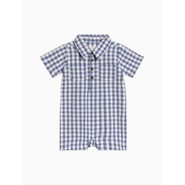 Colored Organics Organic Cotton Baby and Toddler Summer Romper One Piece - Gingham Seersucker Collar 12-18M