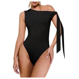 Milumia Women's Tie Knot Bodysuit One Shoulder Asymmetrical Neck Sleeveless Leotards Jumpsuit Black Large