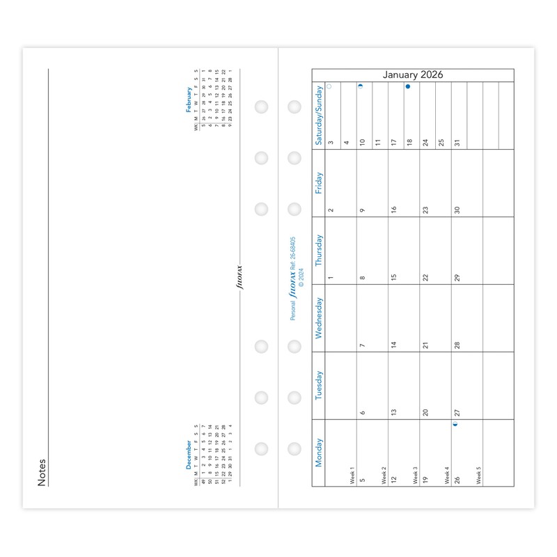 Filofax Personal Month per page English horizontal 2026 diary 26-68405
