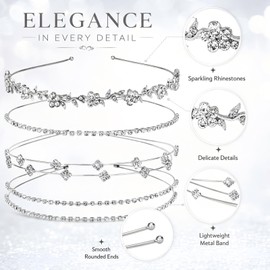 4 Pcs Rhinestone Headbands for Women Silver Bridal Wedding Hair Accessories for Banquets Parties Dances