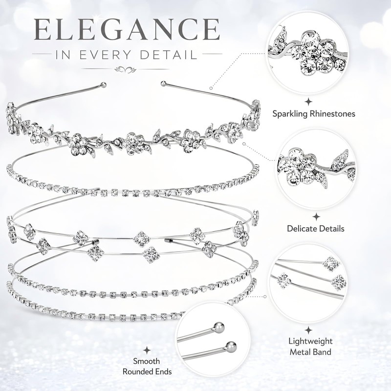 4 Pcs Rhinestone Headbands for Women Silver Bridal Wedding Hair