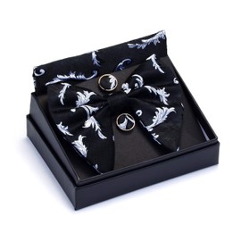 Gusleson Big Silk White Bowtie and Pocket Square Cufflink Flora Adjustable Pre-tied Black Bow Tie Set (UK0617-03)