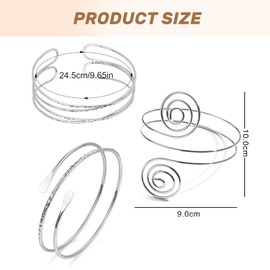 TELAIN Upper Bangle Silver Set Upper Bangle with 3 Silver Bangles, Adjustable and Minimalist, Boho Bangle Silver 925 Women, Wrap Bracelet Women (Style 7)