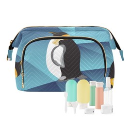 Kjovgcb Women Wave Quilt Cosmetic Bag, Zipper Toiletry Storage 10.2x5.9x6.7 in, Pouch Handbag Makeup Case Purse Holder Organizer Print Penguin Seamless Abstract Blue Crystal Ice