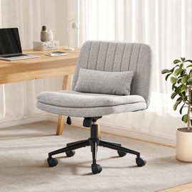 Criss Cross Chair with Wheels, Comfy Armless Cross Legged Office Chair with Wide Seat, Double-Thick Cushion, Pillow, Adjustable Swivel Computer Task Vanity Home Office Desk Chair (Gray, with Wheels)