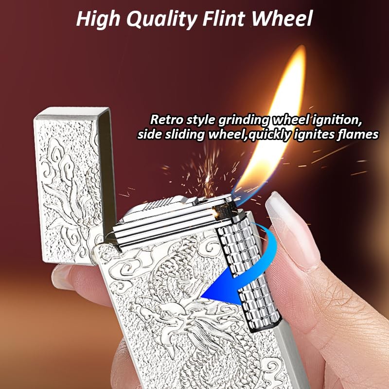 Metal Lighter, Dragon Relief Design, Side Wheel Frosted Lighter, Refillable
