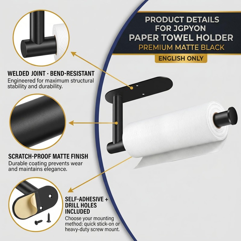 Paper Towel Holder Under Cabinet, Matte Black Stainless, No Drill