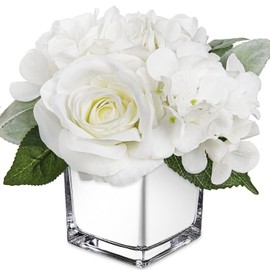 GnFlus Artificial Flowers in Vase Fake Silk Hydrangea Rose Flower Arrangement Faux Potted Flowers for Indoor Home Bathroom Office Table Shelf Decor, White