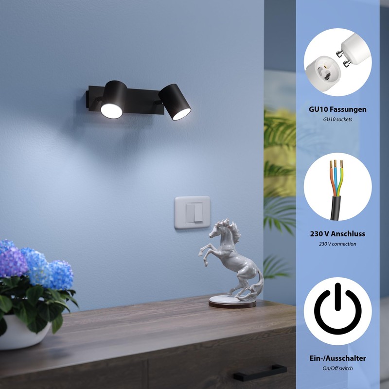 ledscom.de WAIKA Wall Spotlight with Switch, Matt Black, Includes GU10