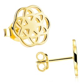 Materia Flat Stud Earrings 925 Silver Women's Mandala Earrings Flower of Life 10 mm Round Rhodium-Plated or Gold-Plated, Gold-Plated Silver