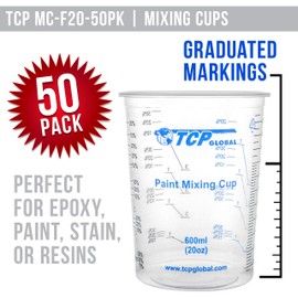 TCP Global 20 oz. (600ml) Graduated Plastic Mixing Cups - Box of 25 with 25 Mixing Sticks - Disposable Plastic Measuring Cups for Liquids, Paints, Resin, Epoxy, Art, Kitchen - Ratios 2-1, 3-1, 4-1 ML