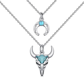 HUKKUN Cowgirl Necklace Sterling Silver Boho Moon Bull Head Layered Necklace for Women Western Jewelry for Women Cowgirl Accessories