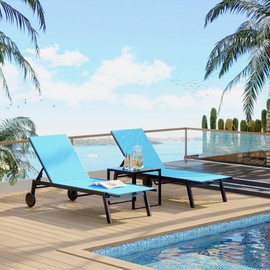 3Pcs Patio Chaise Lounge Chairs with Side Table, Adjustable Backrest Poolside Lounger Chairs with Wheels, Pool Outdoor Chaise Lounge Set of 3