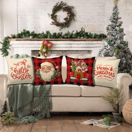 FUYUCHEN Merry Christmas Pillow Covers 18x18 Inch Hello Winter Santa Claus Truck Gnome Buffalo Plaid Throw Pillow Cases for Holiday Farmhouse Decorations Sofa Couch Set of 4