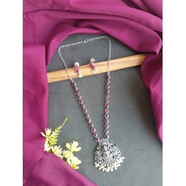 Efulgenz Oxidized Indian Jewelry Necklace Sets Oxidized Choker Necklace Earrings Set Pink Indian Oxidized Jewelry Antique Boho Crystal Faux Pearl Religious Goddess Laxmi Pendant Necklace Dangle