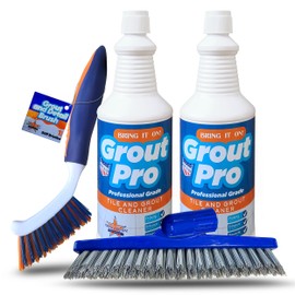 Bring It On Grout Cleaner Pro with Stiff Cleaning Brushes – 32Fl Oz x 2 Grout Pro for Shower Tile Includes Heavy-Duty Grout and Tile Cleaner Brushes – Effectively Removes Mineral Deposits