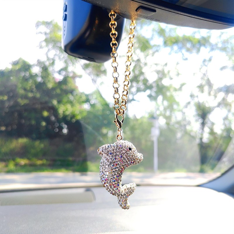 Bling Dolphins Rear View Mirror Accessories, Sparkling Embedded Rhinestones Marine