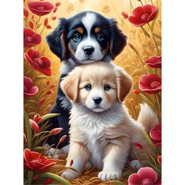 Diamond Painting Kits for Adults, Flower Dog DIY Diamond Art Kits Full Round Drill Gem Art Diamond Dots for Home Wall Art Decor 12×16inch