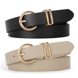 VONMELLI 2 Pack Kids Leather Belts for Girls Fashion O-Ring Buckle belts for Teen Girls Jeans school uniforms Black+Beige M