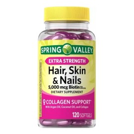 Suplemento Spring Valley para Cabello, Piel y Uñas - 5000 mcg de Biotina con Colágeno| 120 Cápsulas