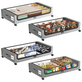 GoFujuco Under Bed Storage with Wheels,XXL 60L Under Bed Storage Containers with Clear Lids, Under-Bed Organizers for Clothes, Shoes – Durable Storage Bins with Smooth Rolling Wheels (Gray, 4 Pack)