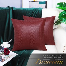 BRAWARM Deep Red Leather Throw Pillows 22 X 22 Inches, Snake Leather Pillow Covers Pack of 2, Faux Leather Decorative Pillow Covers for Couch Living Room Garden Bed Sofa Home