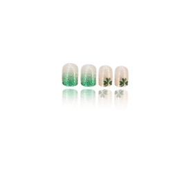 St. Patrick's Day Press on Nails Short Square French Tip Fake Nails with Glitter Design Green Shamrock False Nails Full Cover Artificial Glue on Nails Lucky Irish Stick on Nails for Women Manicure Tip