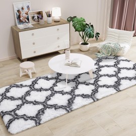 LOCHAS Luxury Shag Area Rug 2x6 Feet Geometric Plush Fluffy Rugs, Extra Soft Carpet Moroccan Rugs for Bedroom Living Room Dorm Kids, High Pile Shaggy Floor Rug Decor, White/Black