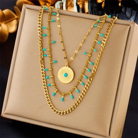 AHHALFFY Elegant Layer Necklace, Multi-layered Created Turquoise Bead Chain Necklace, Summer Beach Boho Jewelry Gift for Women